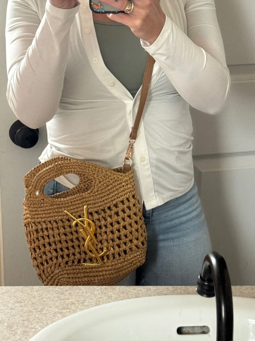 Yves Saint Laurent Tan Woven Raffia Crossbody with Gold YSL Emblem - Picture 6 of 8